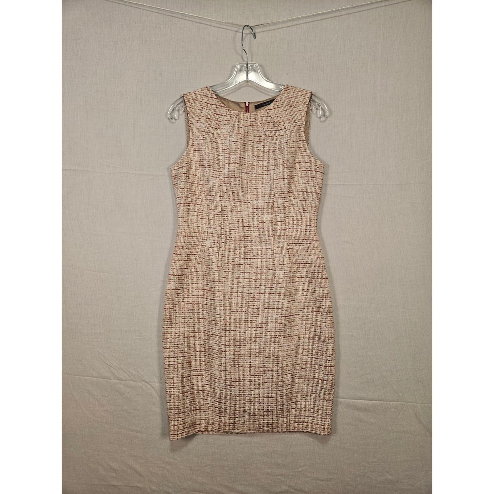 Tahari Womens Tweed Boucle Sleeveless Sheath Dress MD8T46 Cream Tan Red Size M